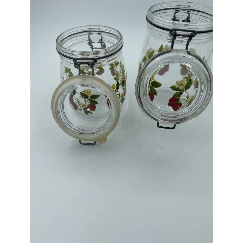 Set Of 2 Arc France Strawberry Blossom Glass Canisters 1960s 1.0 Liter & 3/4 L